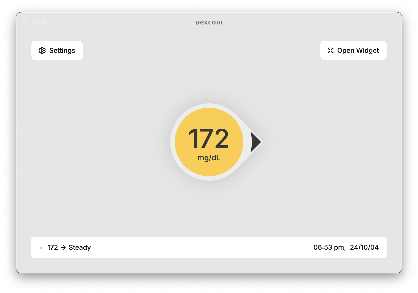 Dexcom for Mac app showing real-time glucose reading of 172 mg/dL with trend arrow and status bar